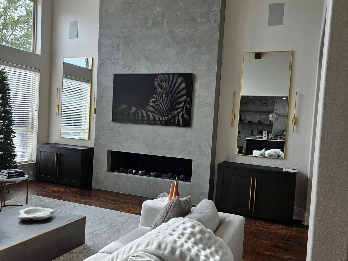 Living room remodel with tiled fireplace accent wall